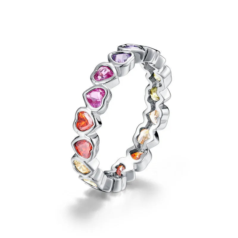 Silver love heart ring with coloured gems inlay and thick silver platinum finish, shown in US6 US7 US8 sizes