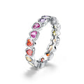 Silver love heart ring with coloured gems inlay and thick silver platinum finish, shown in US6 US7 US8 sizes
