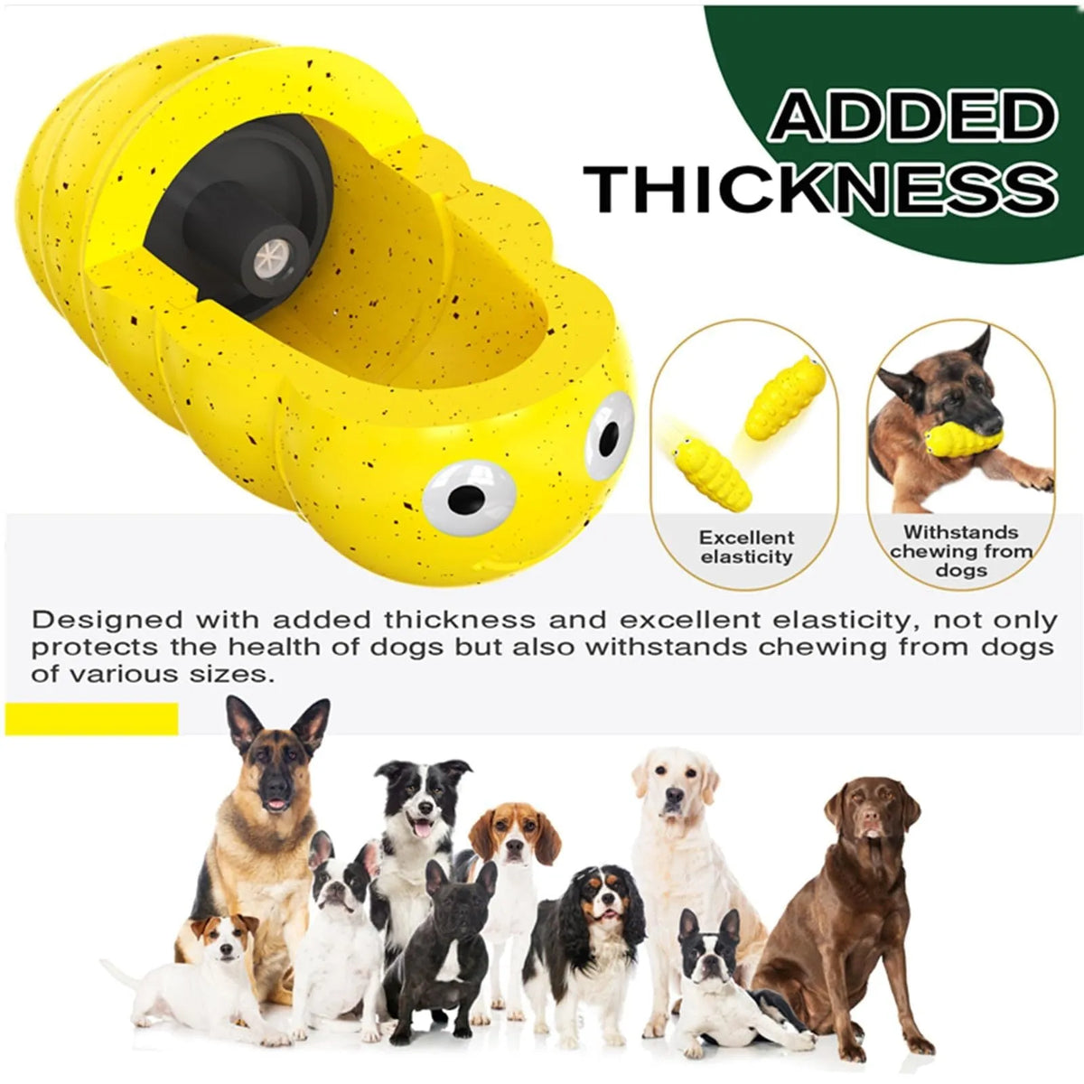 Medium squeaky dog chew toy for aggressive chewers, food grade material, available in green or yellow