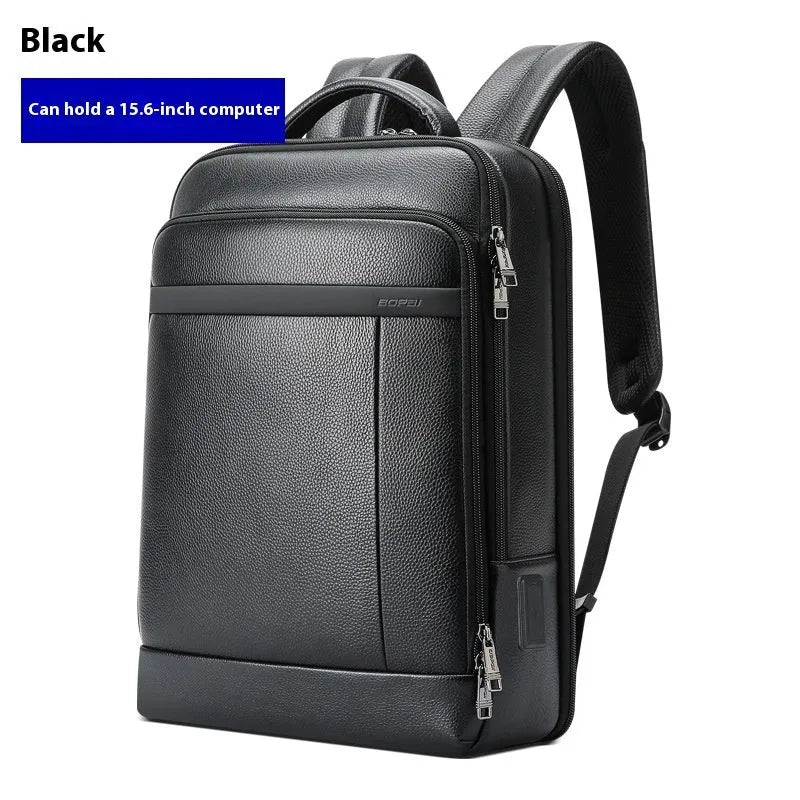 Black genuine leather business backpack with USB charging port and decorative stitching