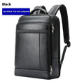 Black genuine leather business backpack with USB charging port and decorative stitching