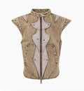 Men's picture colour cotton denim pleated vest in a refined Korean style, shown on a hanger.