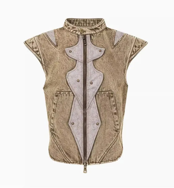 Men's picture colour cotton denim pleated vest in a refined Korean style, shown on a hanger.