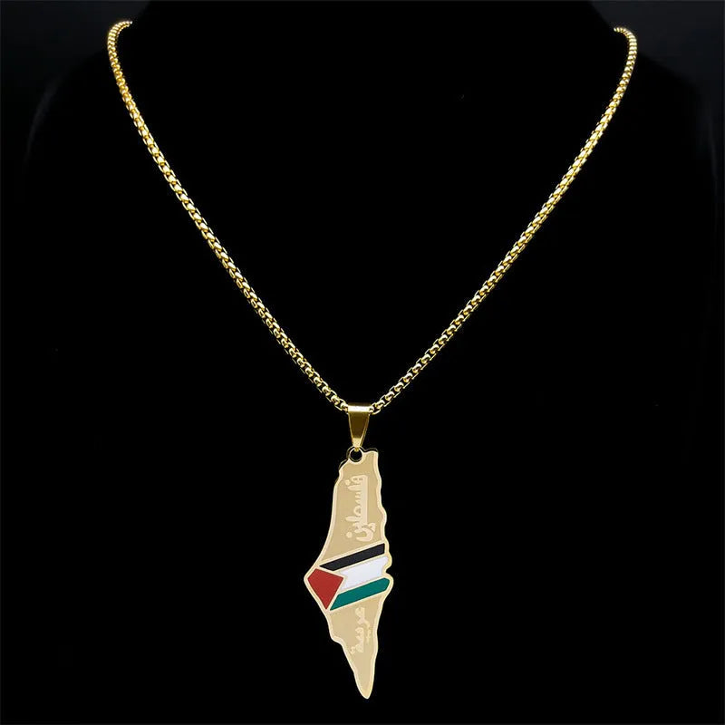 Gold stainless steel Palestine Israel map pendant necklace with 60cm box chain on white background