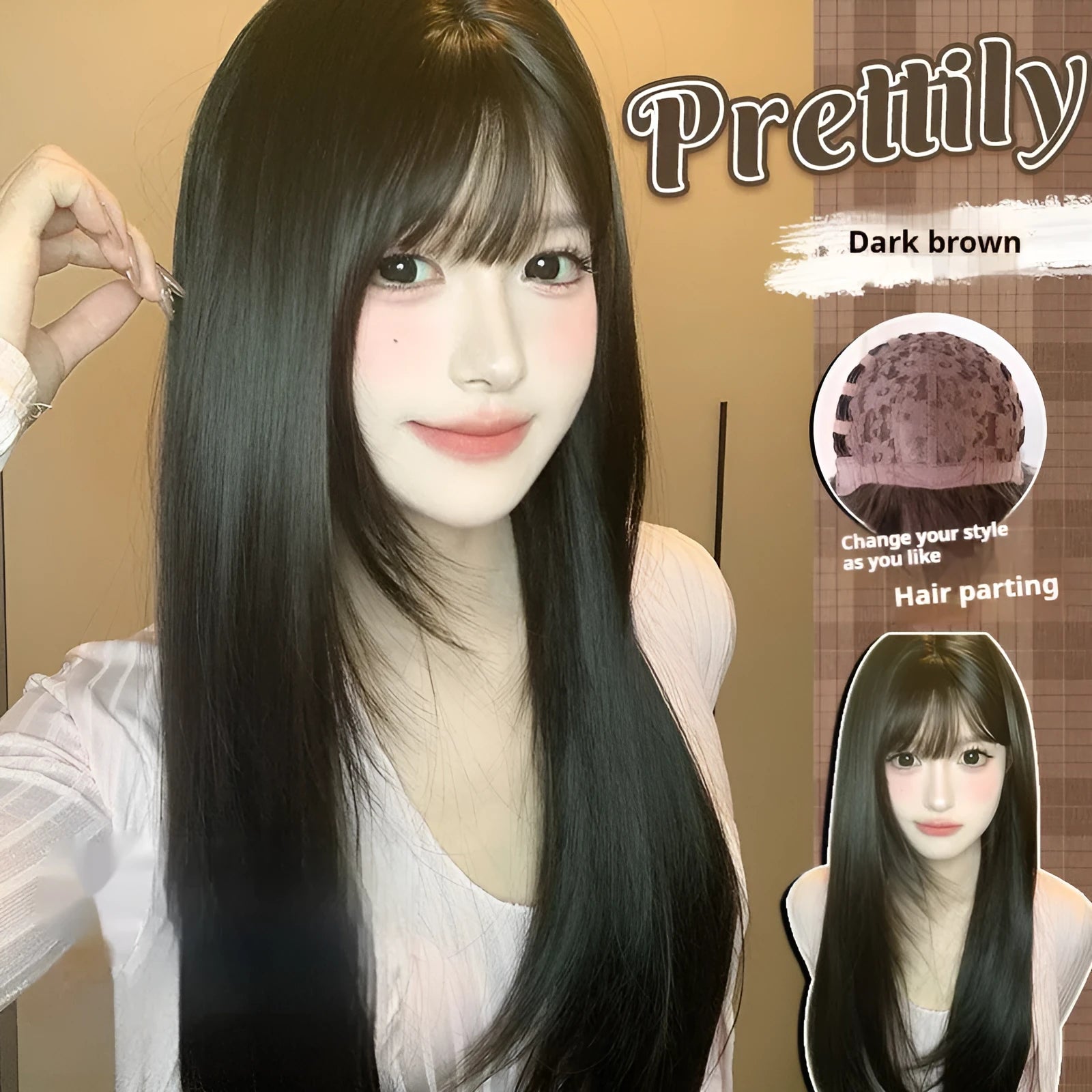 Dark brown synthetic long straight wig with fringe for women with round face shapes