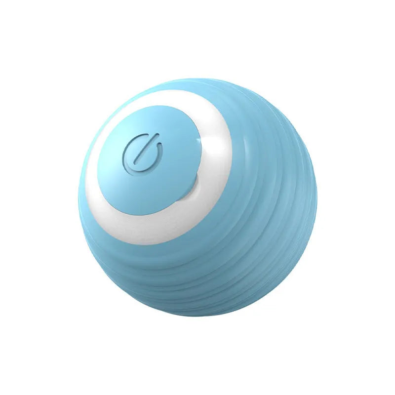 Blue automatic rechargeable moving ball cat toy on a wooden floor.