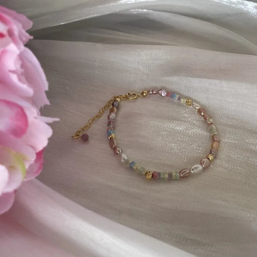 Purple natural pearl bracelet and necklace set with 14K gilded irregular U-shaped beads