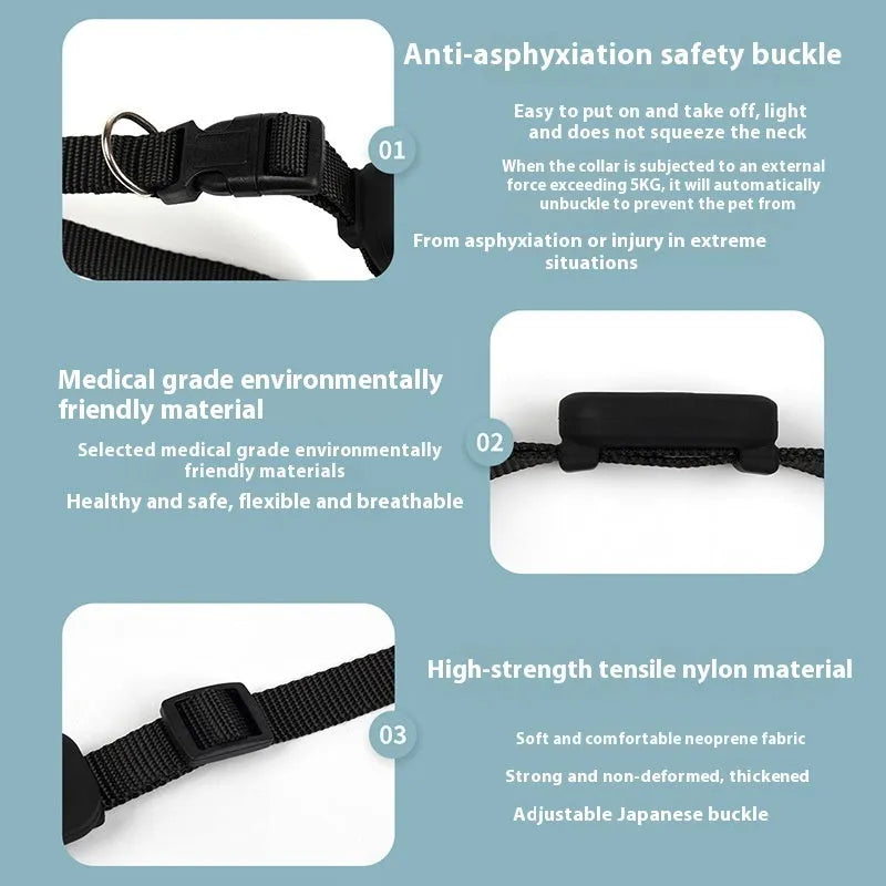Adjustable pet GPS tracking collar with Bluetooth 5.2 in black, blue and pink colours for cats and puppies