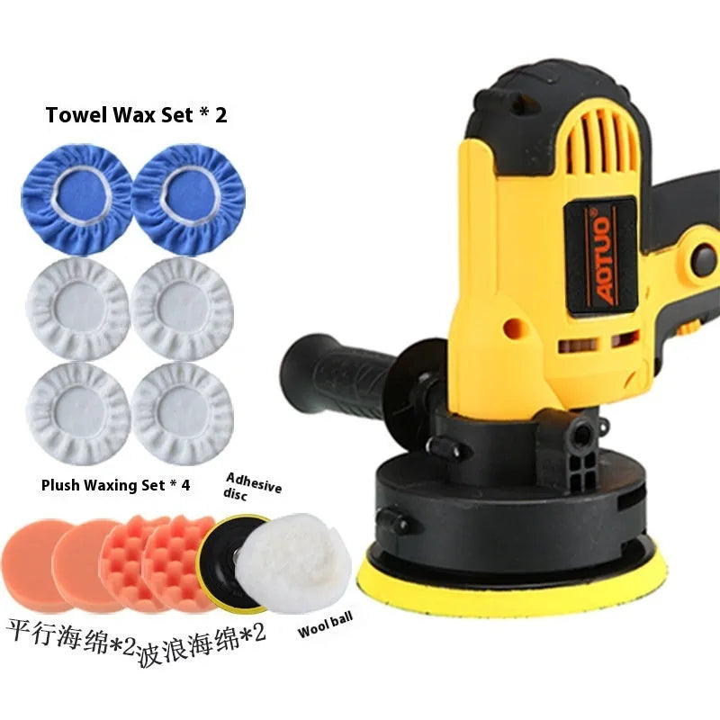 Yellow 700W car polishing machine set with polishing disk wool ball and side handle on white background