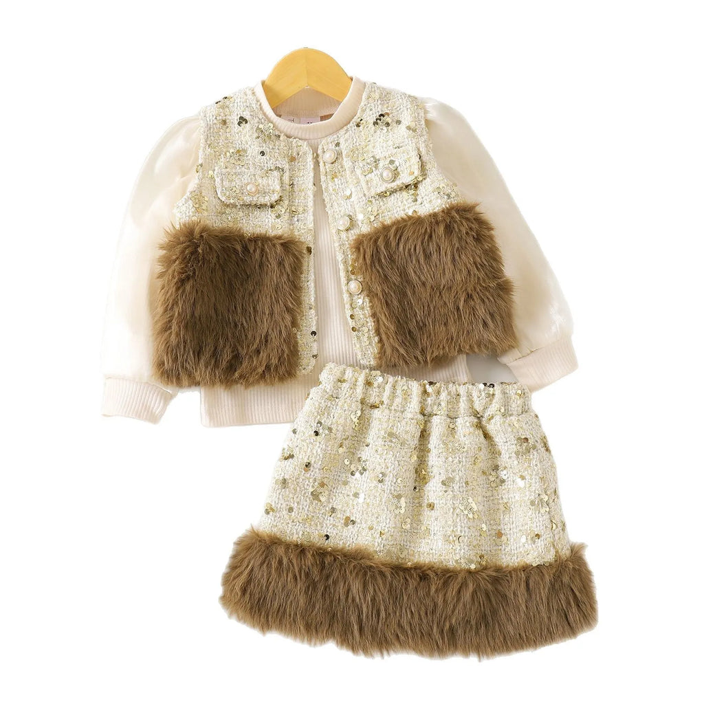 Cotton floral print long sleeve two-piece dress set for girls in apricot colour with blouse and skirt