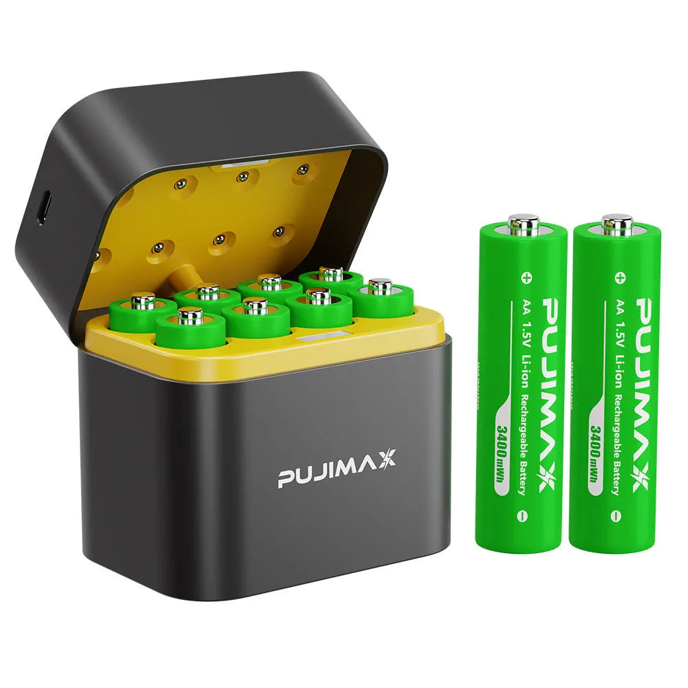 Eight-slot AA smart lithium battery charger with Type-C port and green indicator light, charging multiple batteries