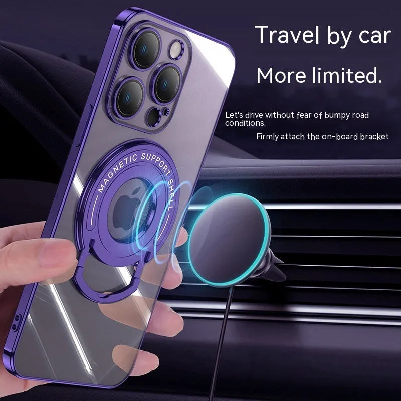 Transparent magnetic suction iPhone case with extended pull rod stand in far peak blue colour