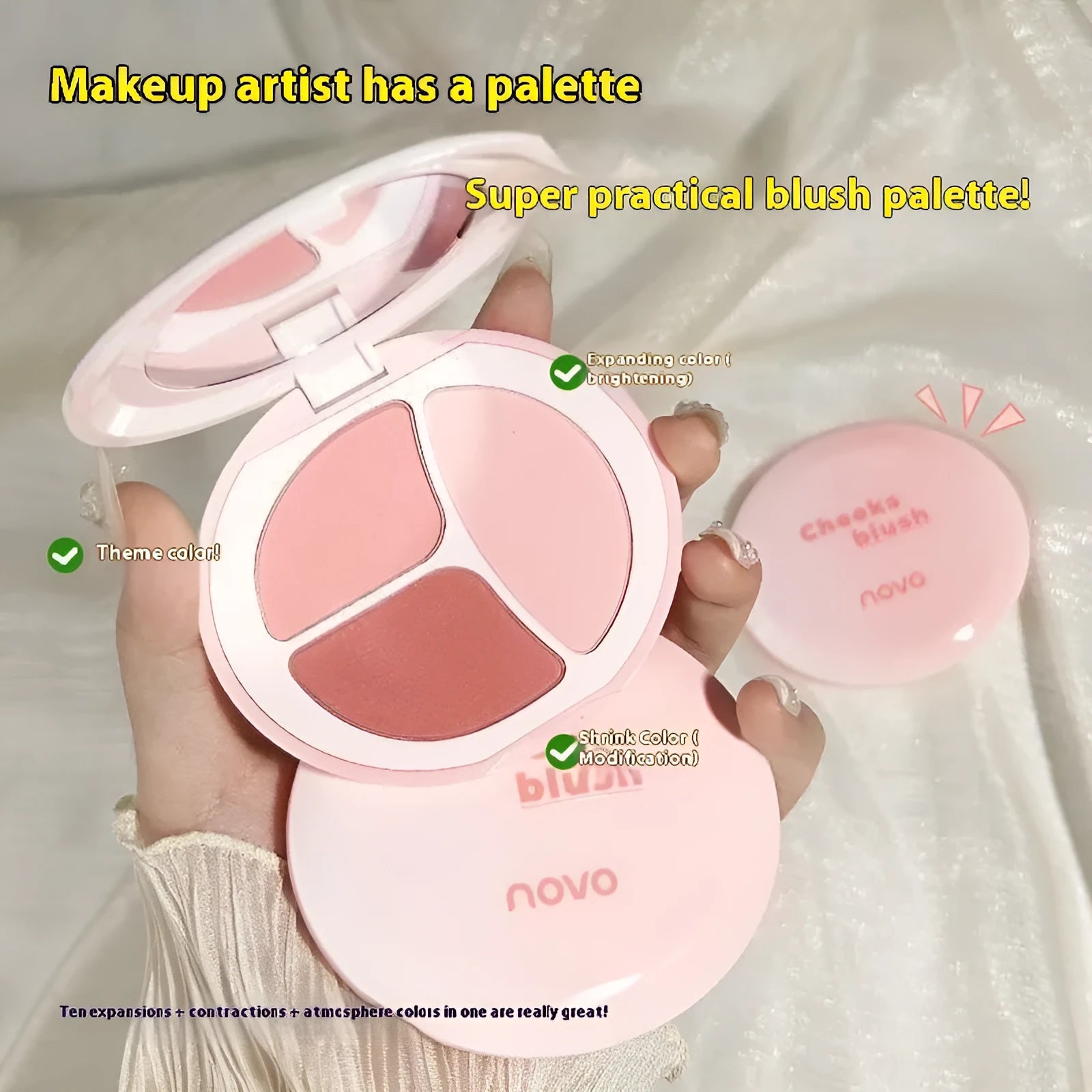 Mood tricolor blusher palette with matte rouge shades for face brightening