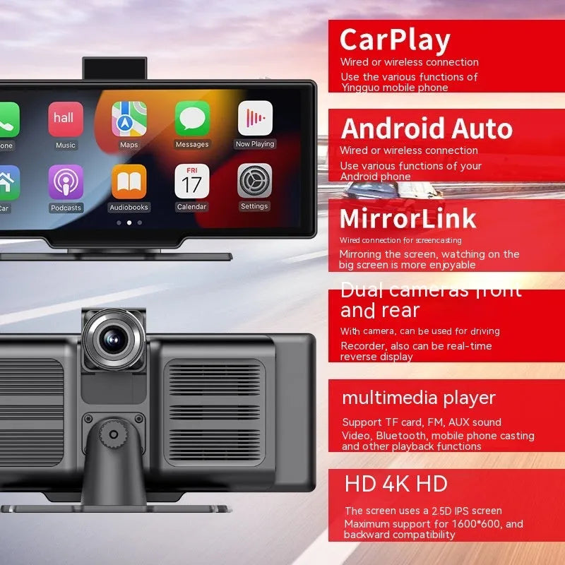 10.26-inch wireless CarPlay car recorder with capacitive touch screen and optional driving monitor function