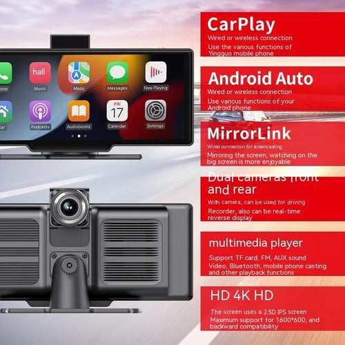 10.26-inch wireless CarPlay car recorder with capacitive touch screen and optional driving monitor function