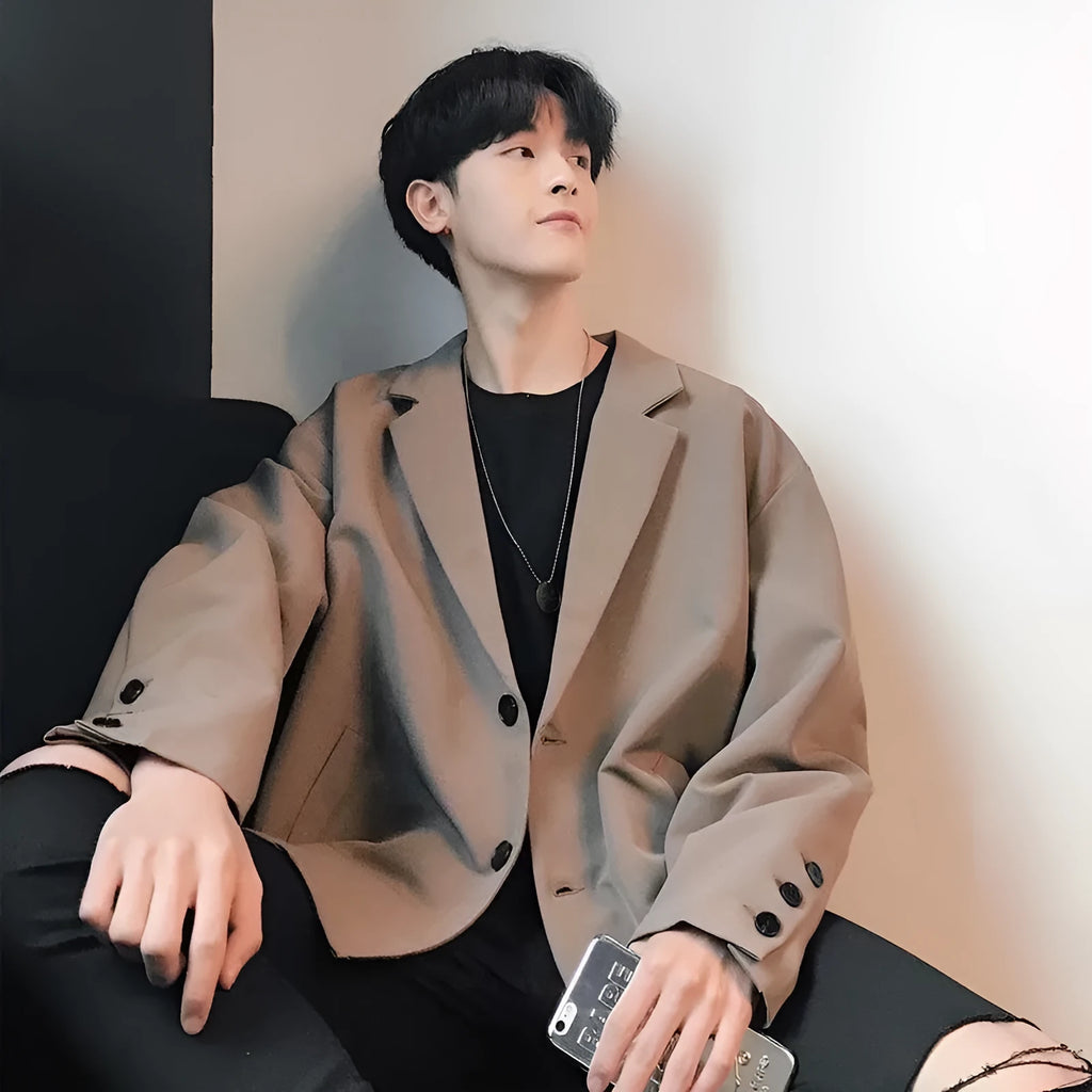 Casual men's loose thin suit jacket in black cotton blend, long sleeves, Korean style for spring autumn