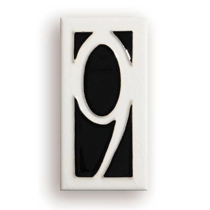 Handmade white ceramic door number plate with black enamel numeral 5, showing 76mm by 152mm dimensions and retro style.