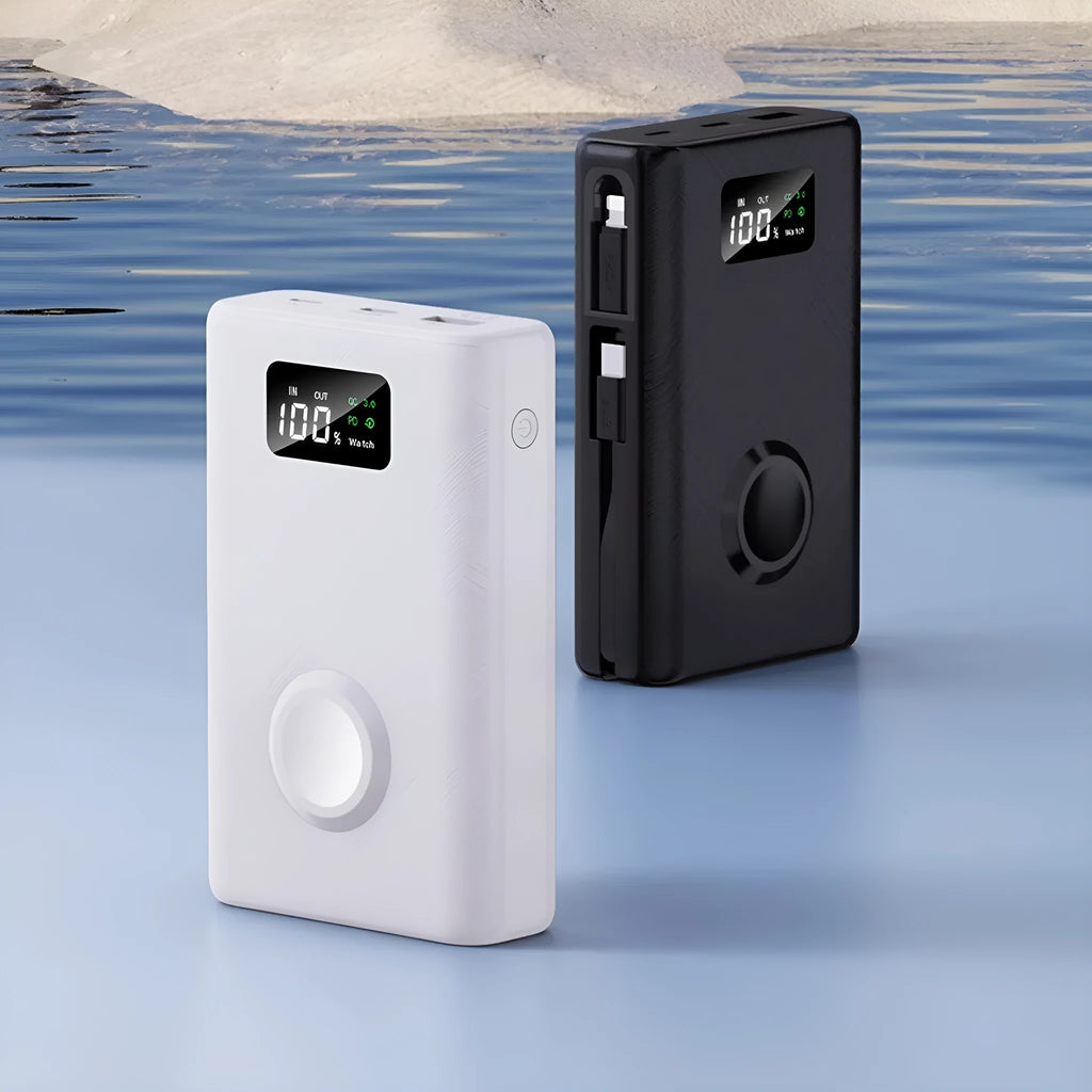 Black wireless power bank with charging bracket showing display screen and multiple USB ports