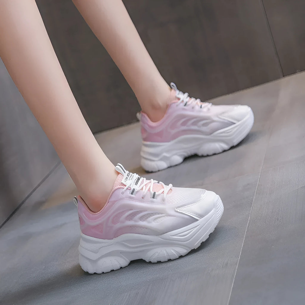 Women's pink satin lace-up casual sports shoes with round toe