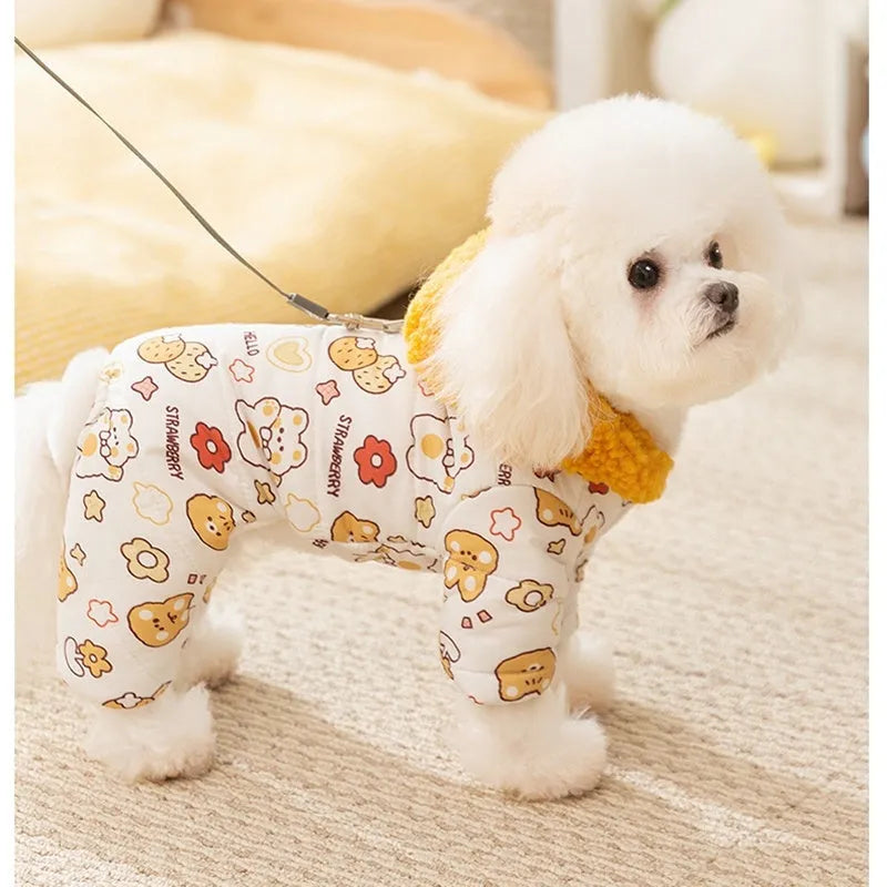 Yellow quilted cotton four-legged dog coat with sherpa hood and bear print on white background