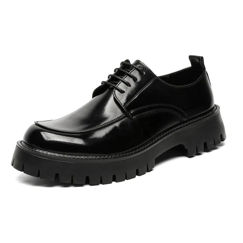 Platform height increasing casual leather shoes in black with round toe and front lace-up closure