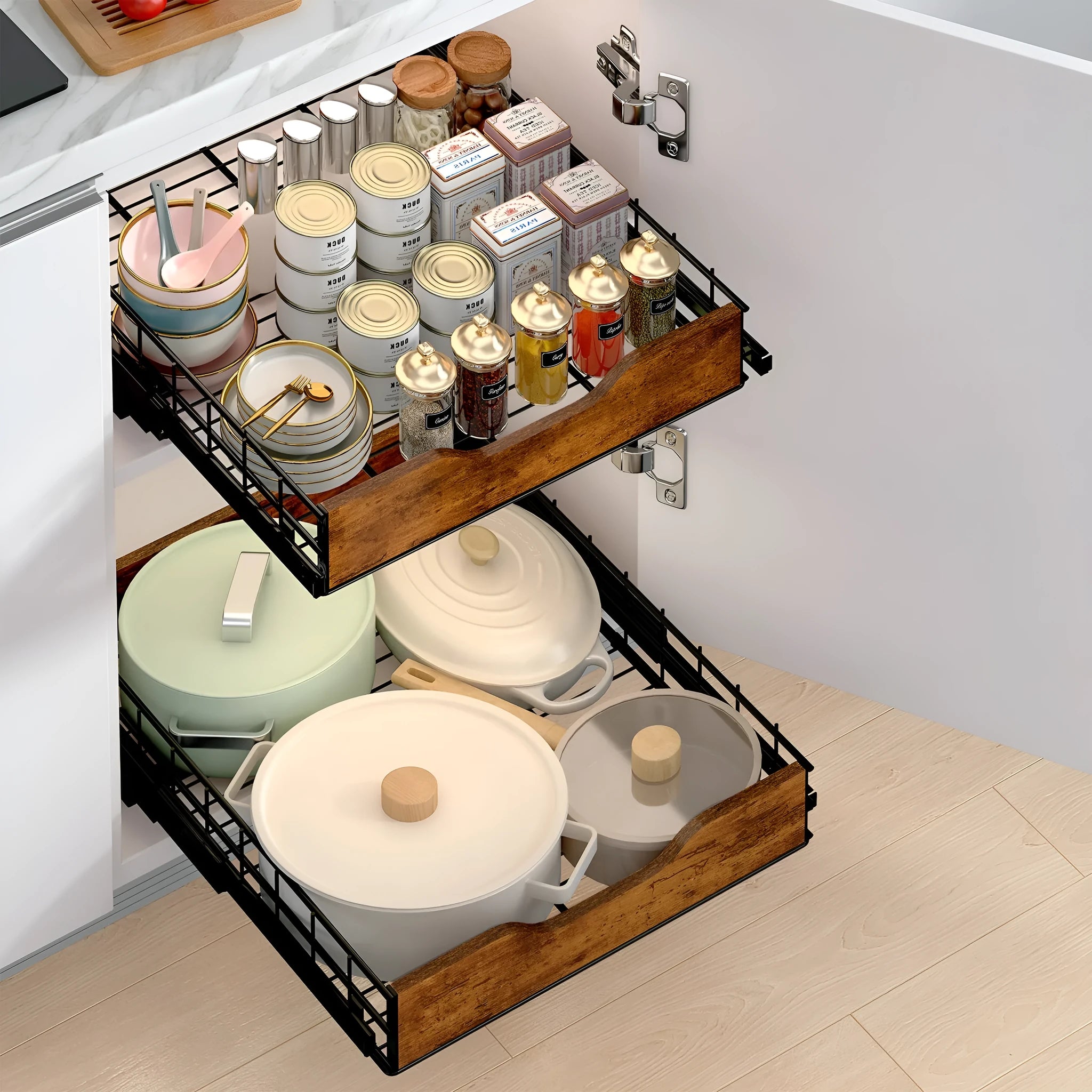 Black two-tier pull-out kitchen storage rack with basket drawers, made from wood and iron.