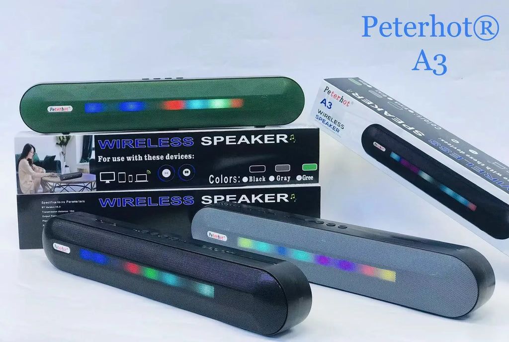 Bluetooth speaker with long LED breathing light in black colour, 400x62x72mm, on a table