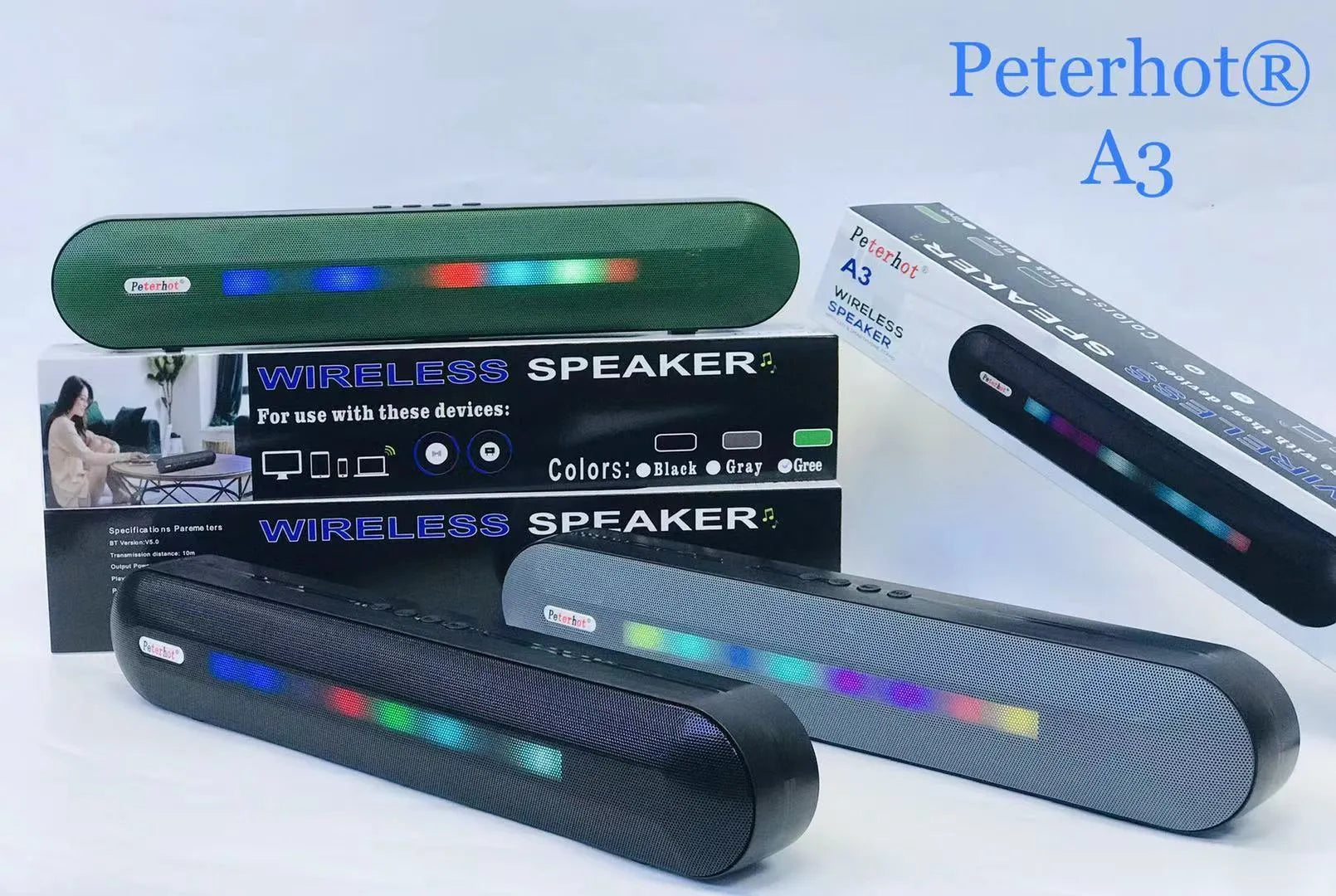 Bluetooth speaker with long LED breathing light in black colour, 400x62x72mm, on a table