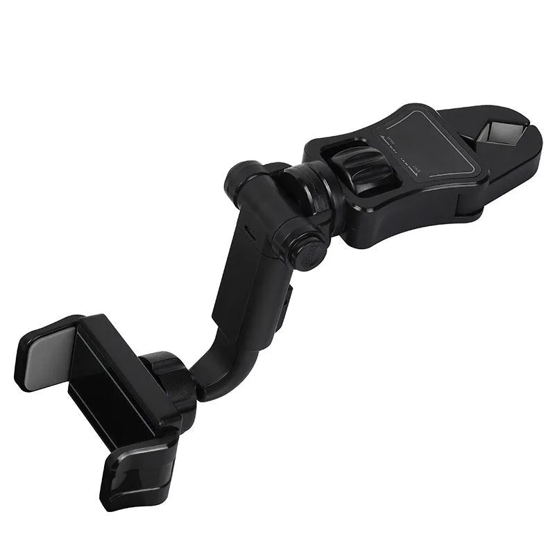 Black and green car mobile phone holder mounted on a rear-view mirror bracket.