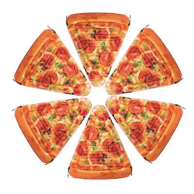 Large green and red pizza themed inflatable surfboard float on water