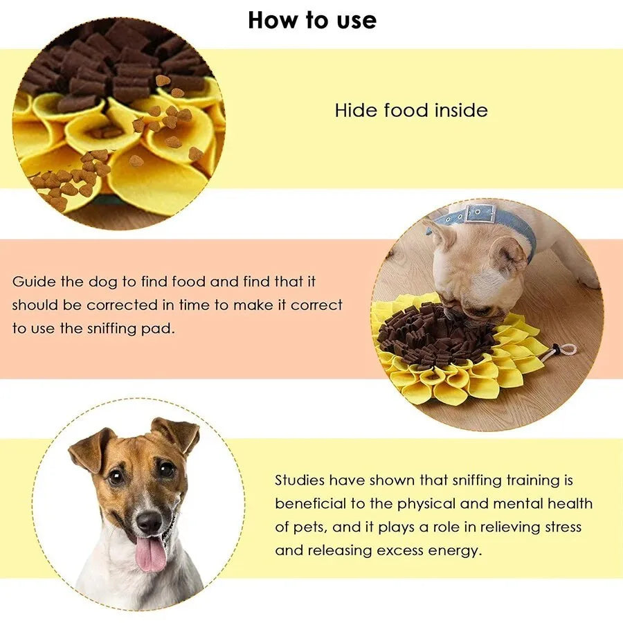 Yellow sunflower-shaped dog snuffle mat for slow feeding and nosework training