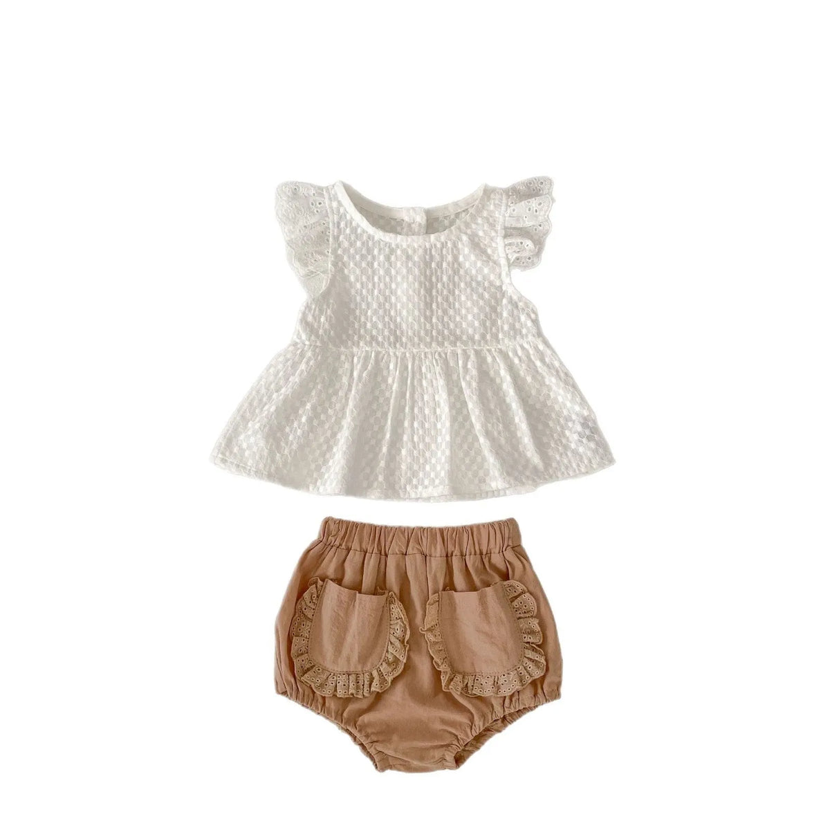 Baby girl creamy-white cotton top and shorts two-piece summer set with short sleeves and lace details