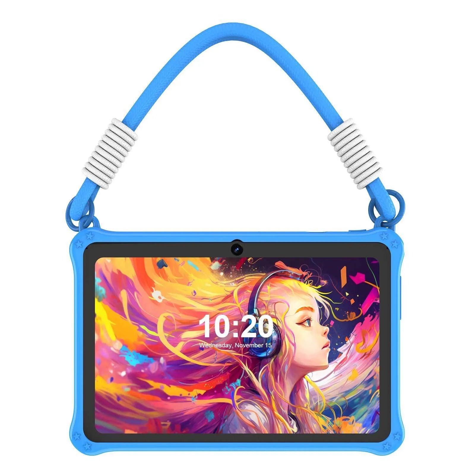 Blue silicone protective case with strap for 7-inch children's tablet showing screen protector