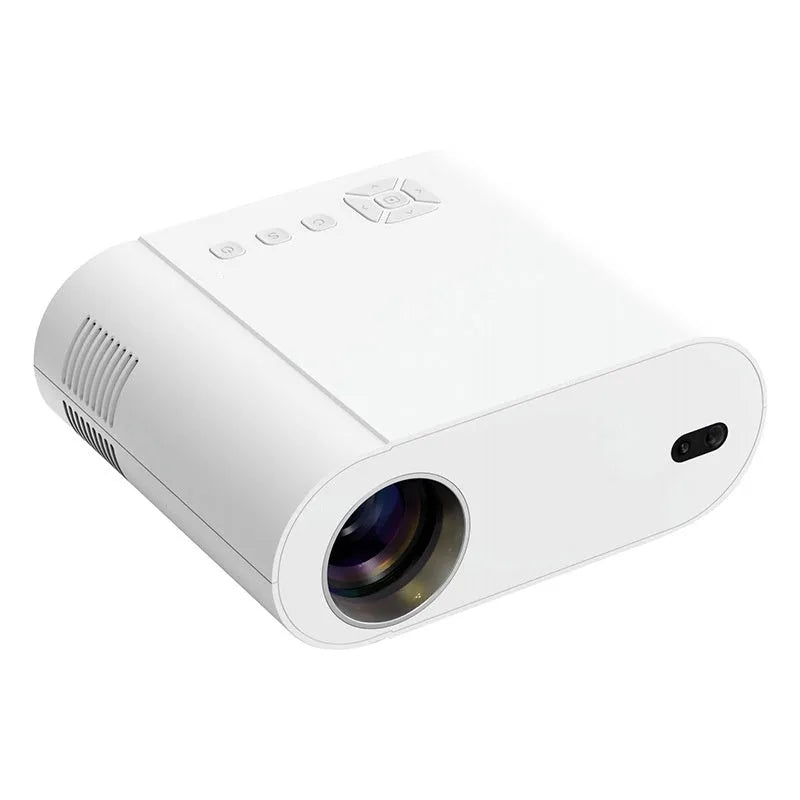 White T07 full HD smart projector with remote control showing 1080p resolution and 320 ANSI lumen brightness