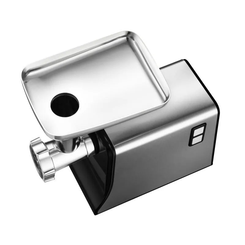 Silver meat grinder with double mixing blade, aluminium tray, and attachments on countertop