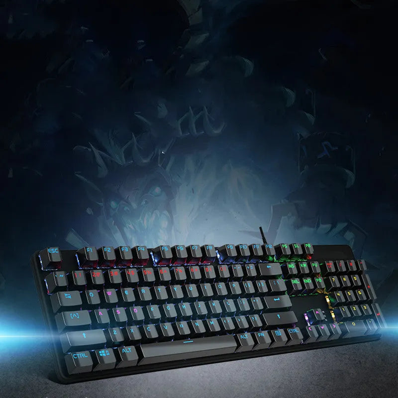 AOC GK410 wired mechanical keyboard with metal top plate and green switch keys on a desk.