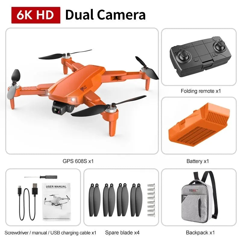 Orange GPS drone with 6K dual camera, brushless motor, foldable arms and remote control, shown with spare propellers