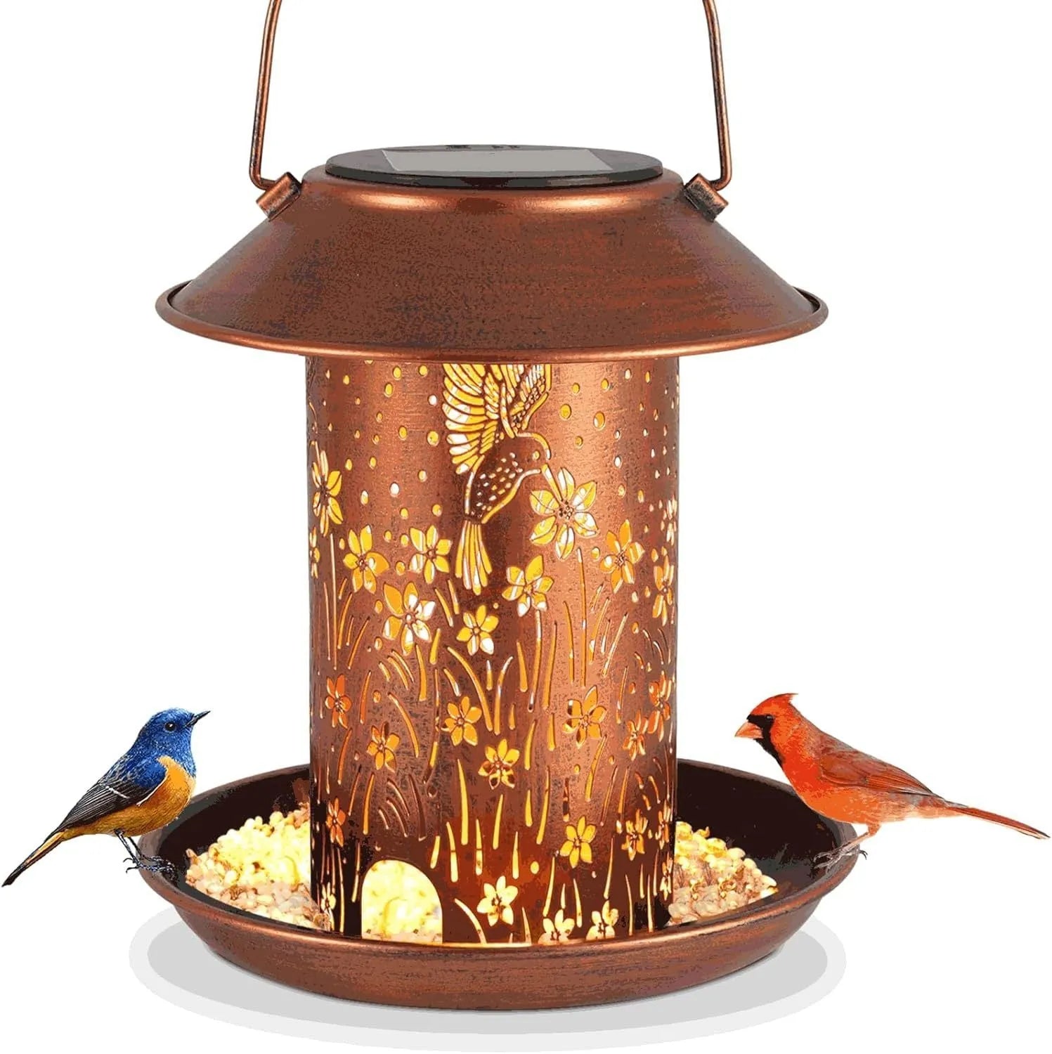 Solar-powered iron art bird feeder lamp with hummingbird pattern for outdoor garden lighting