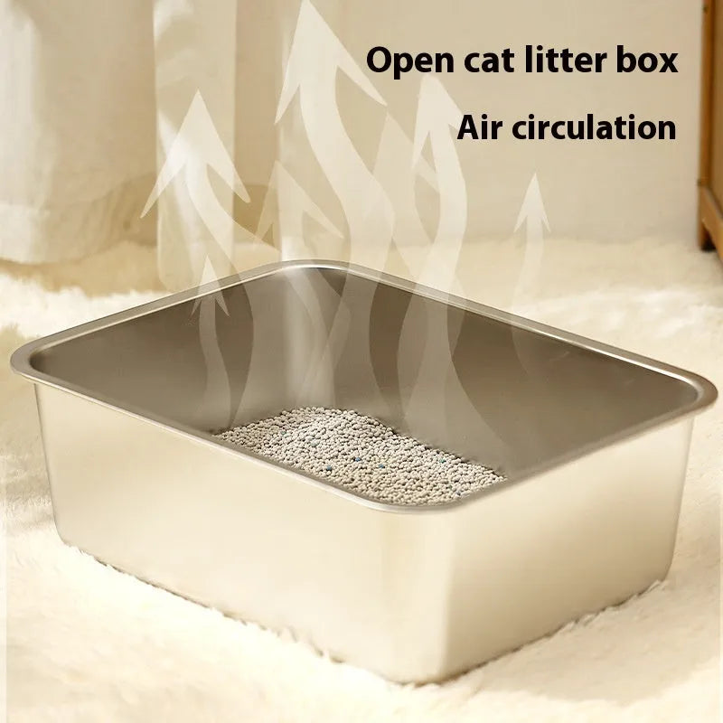Large stainless steel litter box with anti-corrosion finish, 60x40x20cm size, on floor