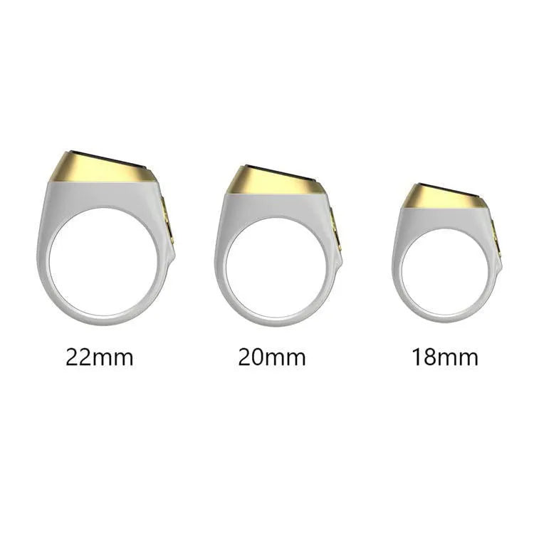 Zikr1 metal smart ring showing OLED display and button, in colours black, green, rose gold, and silver.