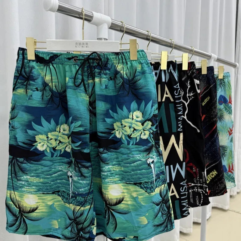 Men's striped ice silk beach trousers with loose fit and elastic waist
