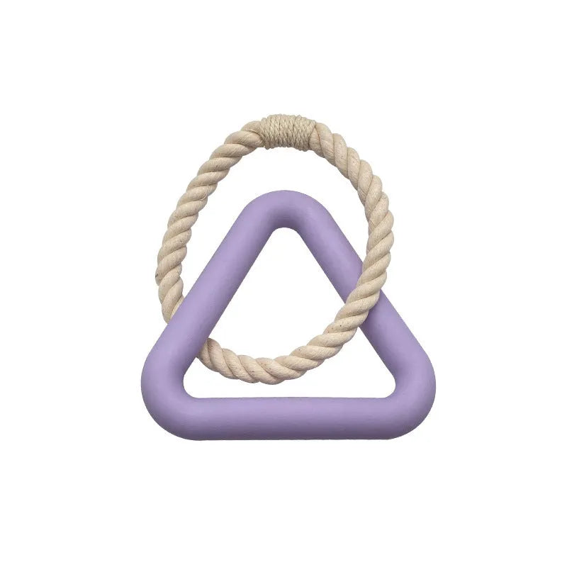 Triangular cotton rope dog pull toy in beige colour on wooden floor