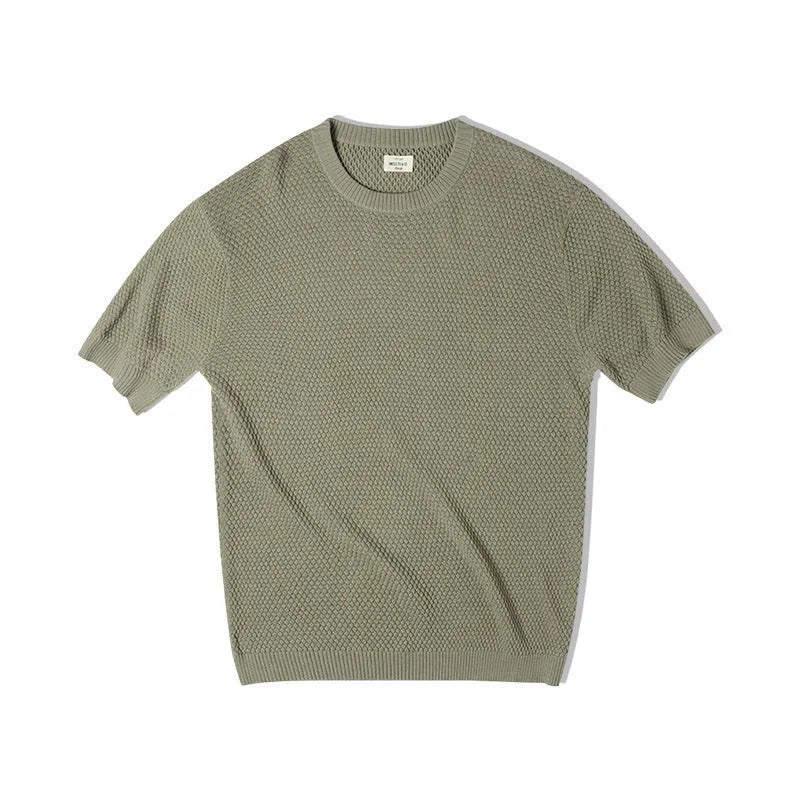 Men's pineapple pattern 3D knitting T-shirt in khaki green, cotton and viscose blend, short sleeve casual top