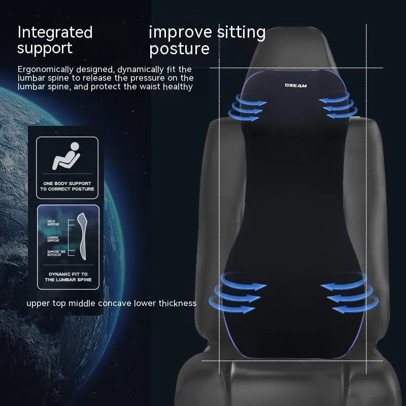 Black memory foam car cushion with integrated headrest and lumbar support pillow