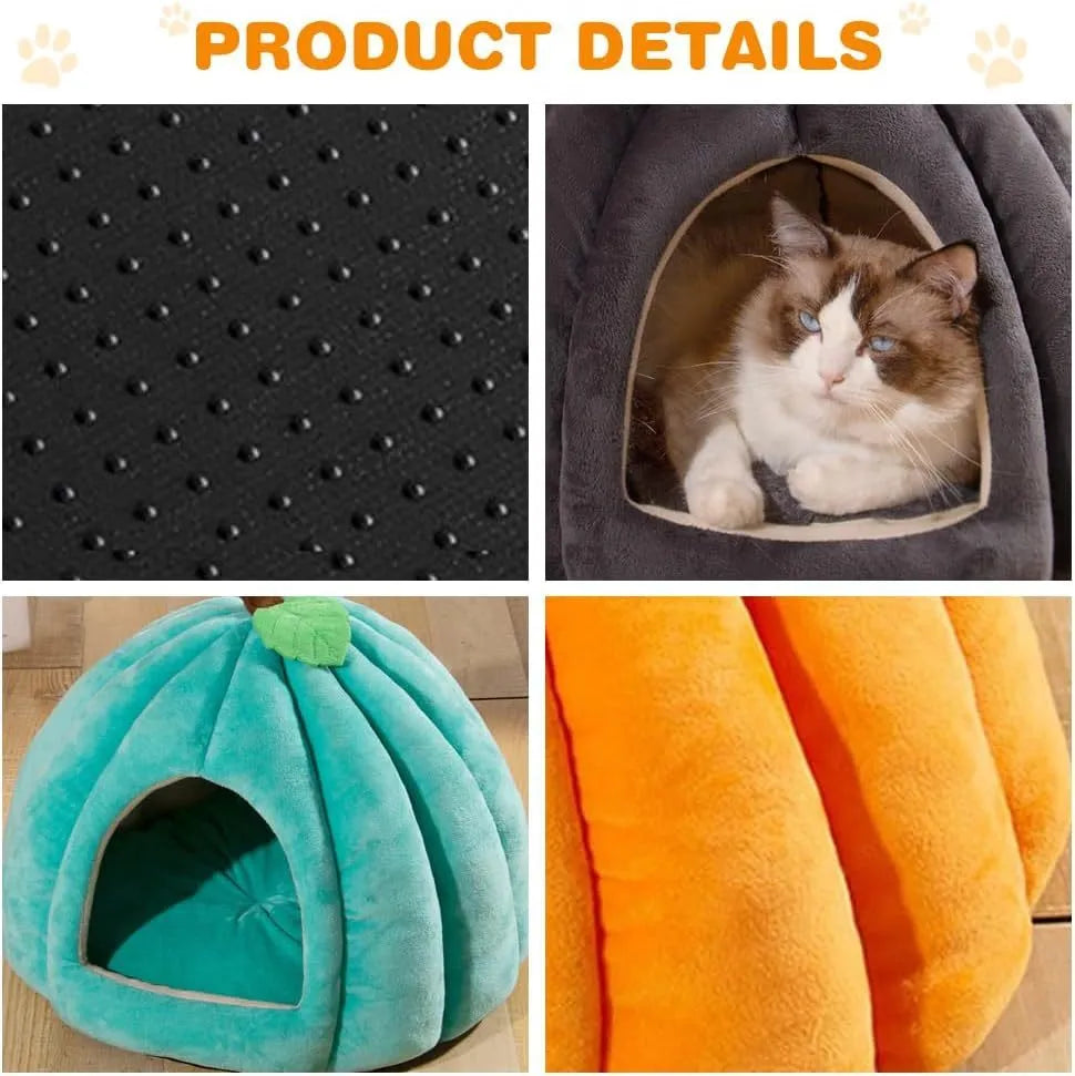 Pumpkin-shaped plush cat cave bed in blue colour with a semi-enclosed entrance.