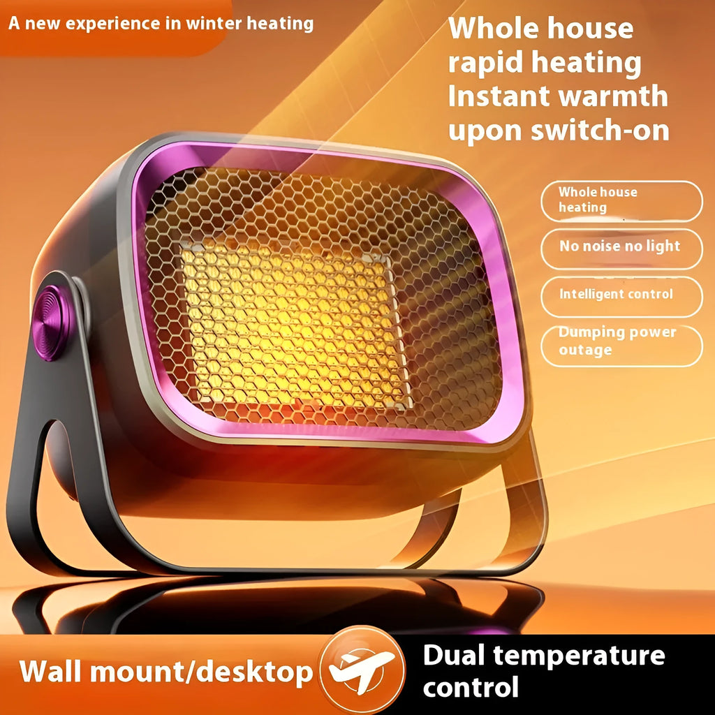 A compact grey desktop electric heater with a rotatable base on a table.