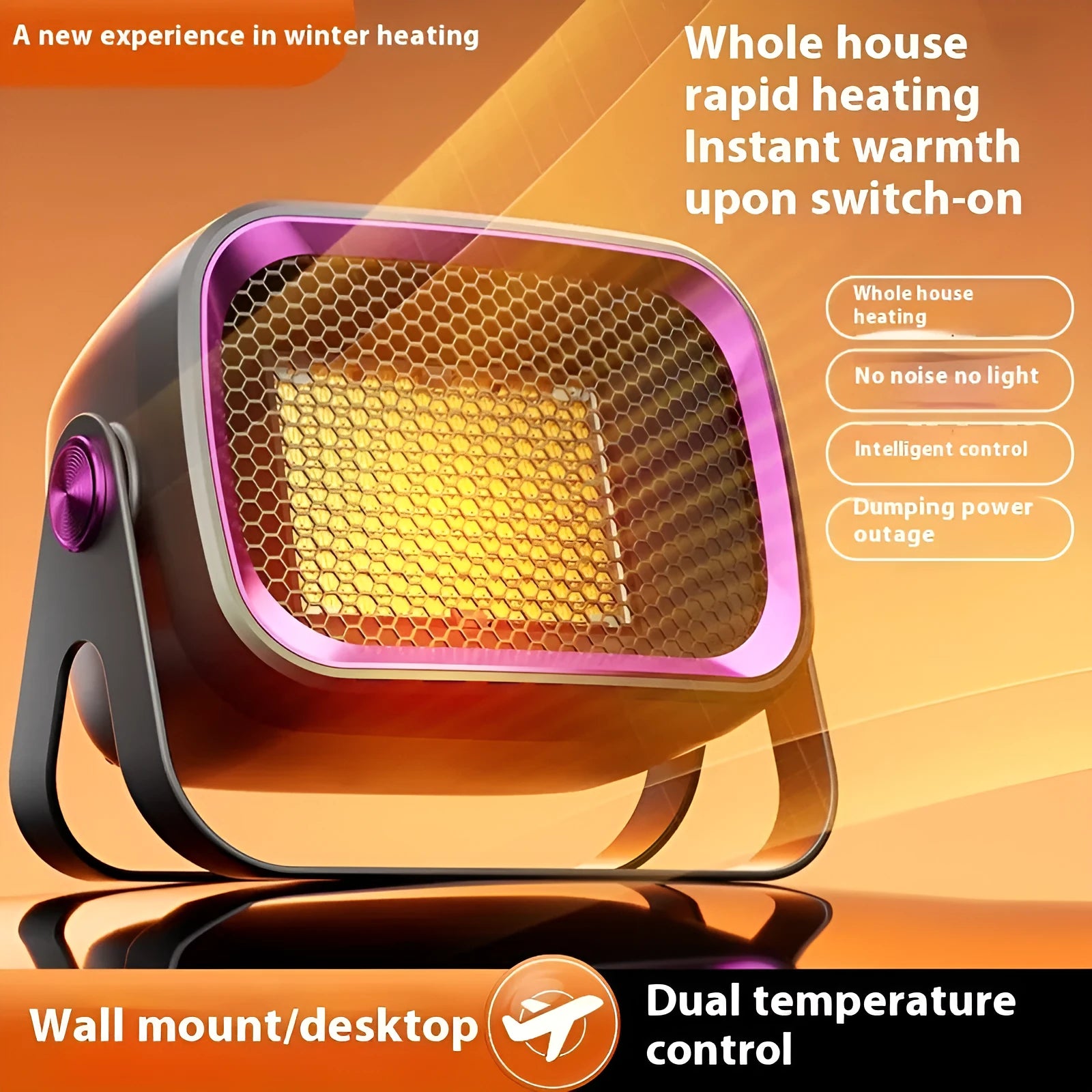 A compact grey desktop electric heater with a rotatable base on a table.
