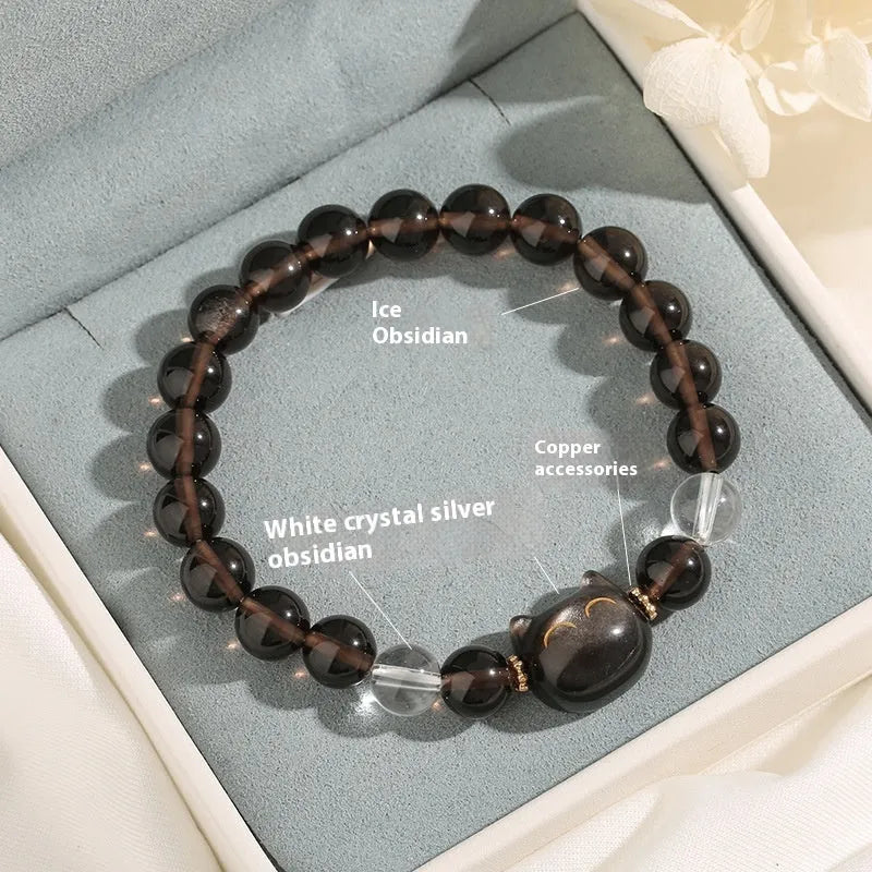 Women's natural silver stone cat head bracelet with 8mm ice stone opal centrepiece