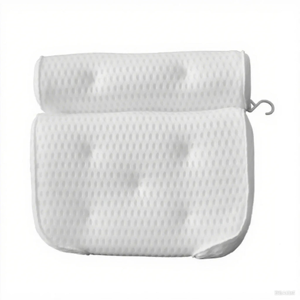 White bathtub pillow with 4D mesh fabric and seven suction cups on a bathtub.
