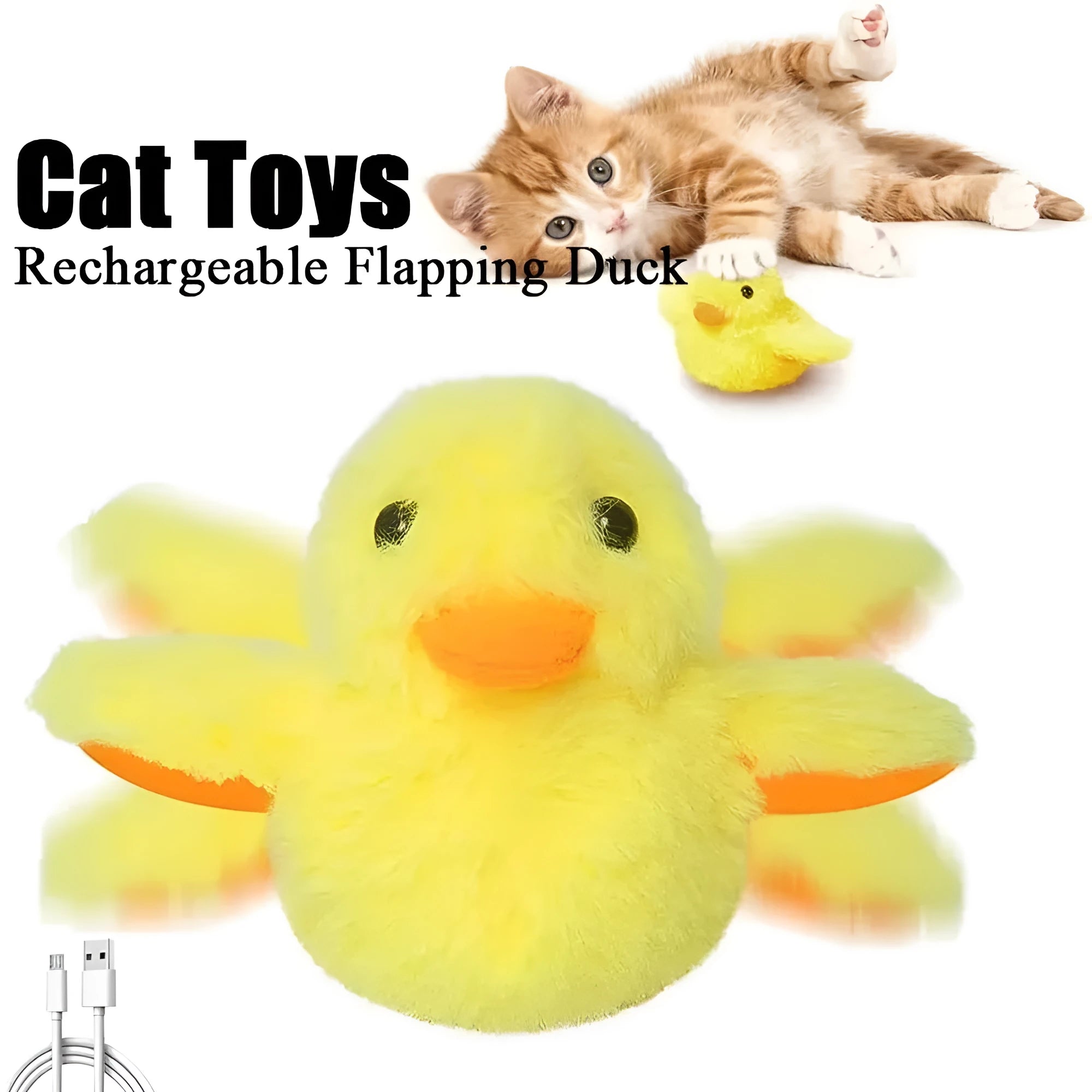 Yellow flapping duck cat toy with USB charging cable on wooden floor